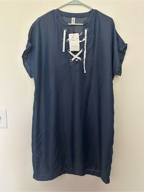 NWT Navy Chambray Lace-Up Sailor Shift Dress with White Drawstrings
